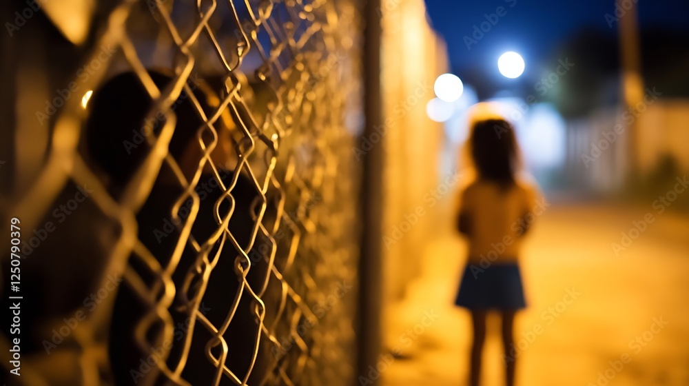 Poster child standing in a dimly lit street behind a chainlink fence evoking a sense of mystery : generativ