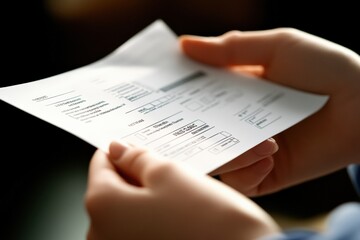 Fototapeta premium Hands carefully reviewing a detailed document at home during quiet afternoon. Generative AI