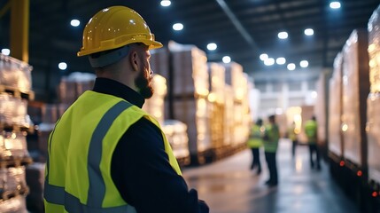 Dedicated warehouse worker observing operations in a busy logistics environment overseeing stock management : Generative AI