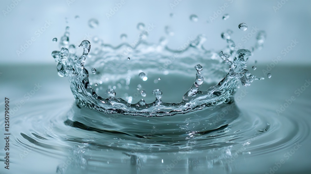 Poster Dynamic splash of transparent liquid droplets creating a rippling effect on the surface  The image showcases the beauty and fluid nature of water highlighting its purity transparency