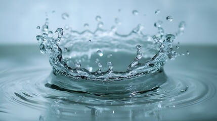 Dynamic splash of transparent liquid droplets creating a rippling effect on the surface  The image showcases the beauty and fluid nature of water highlighting its purity transparency