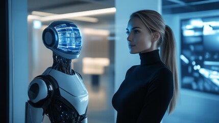 A confident white woman in a modern minimalist office with a sleek humanoid android assistant. 