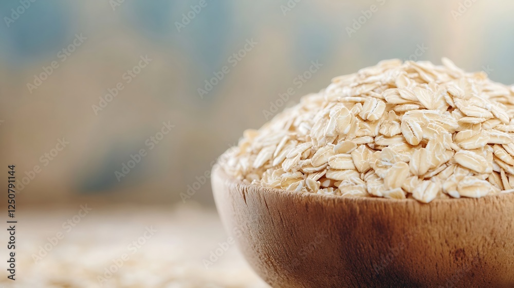Poster closeup image of rolled oats in a wooden bowl on a light background emphasizing natural ingredients 