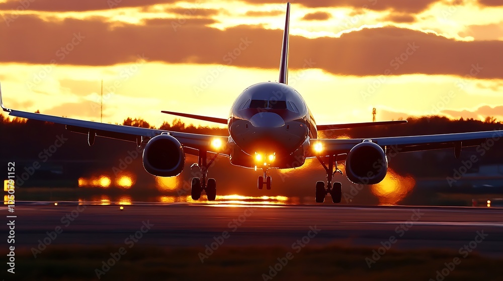 Poster airplane landing at sunset with bright lights illuminating the runway : generative ai