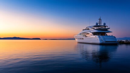 Obraz premium Luxury Yacht Docked at Sunset on Calm Waters with Vibrant Colors Reflecting on the Surface : Generative AI