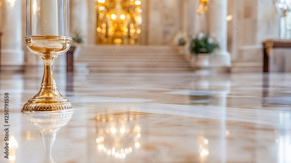 Poster elegant view of a golden candle holder reflecting light in a beautifully designed architectural spac