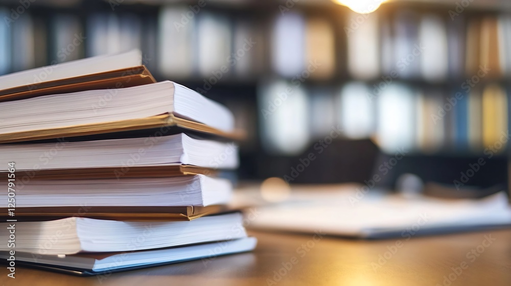 Poster Close up view of neatly stacked documents on a wooden table with a blurred background of bookshelves in an office setting : Generative AI