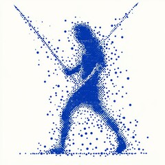 caveman carrying spears visual made up from blue dots on white