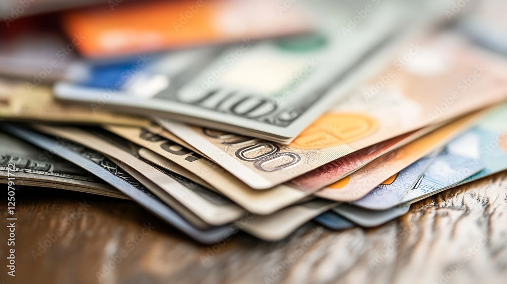 Poster Assorted international currency notes stacked on wooden table with focus on details : Generative AI