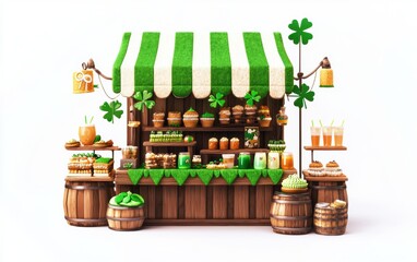 charming Saint Patricks Day market stand with themed desserts, drinks, and decorations, isolated on white
