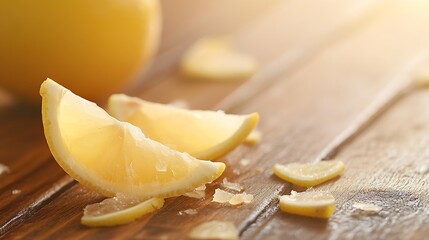 Freshly Cut Slices of Juicy Lemon on a Wooden Table Surface with Soft Sunlight : Generative AI