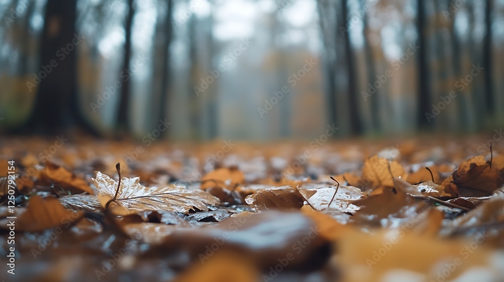 Aufkleber a serene view of autumn leaves scattered on a forest ground during a foggy morning in a peaceful woo