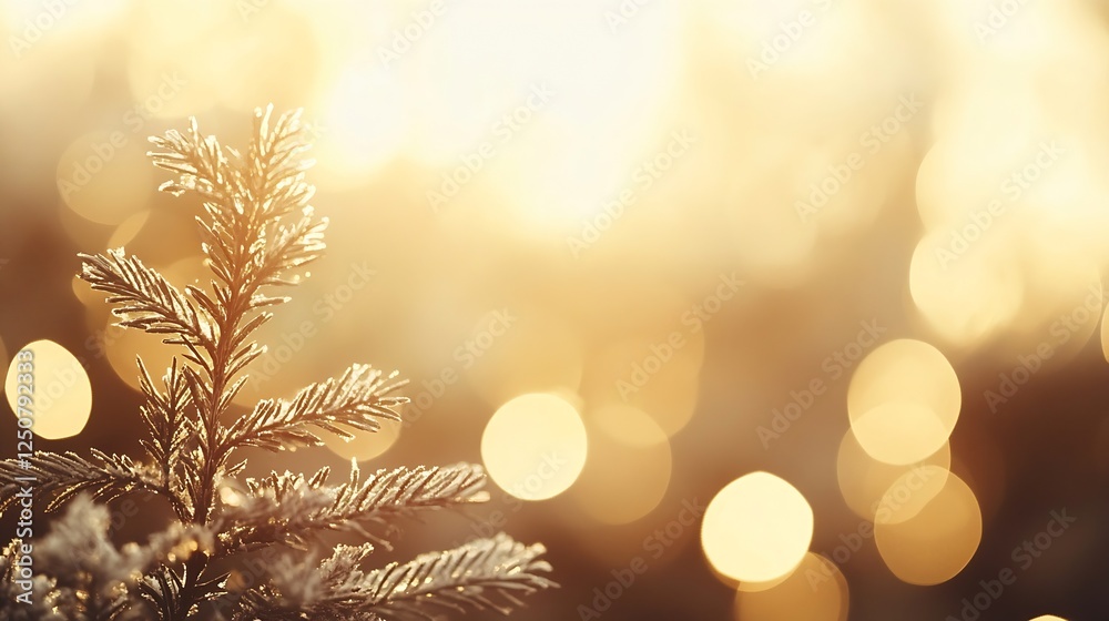 Aufkleber Charming close up of a frost covered pine branch with golden bokeh background in soft sunlight : Generative AI