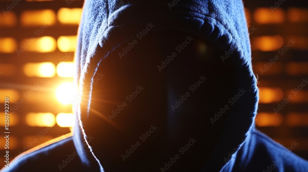 Poster Mysterious hooded figure in silhouette against warm light creating an aura of intrigue and enigma : Generative AI