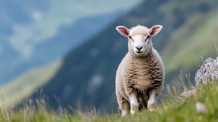Cute Sheep Grazing in a Lush Green Meadow Under Stunning Mountain Views : Generative AI