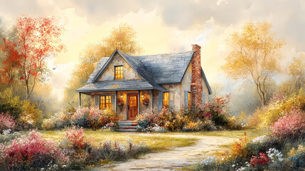 Beautiful old house in the autumn forest. Painting illustration. Watercolor painting.