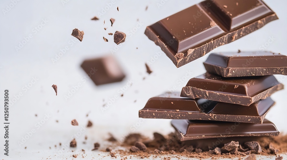 Poster delicious dark chocolate blocks falling captured in motion showcasing rich texture and irresistible 