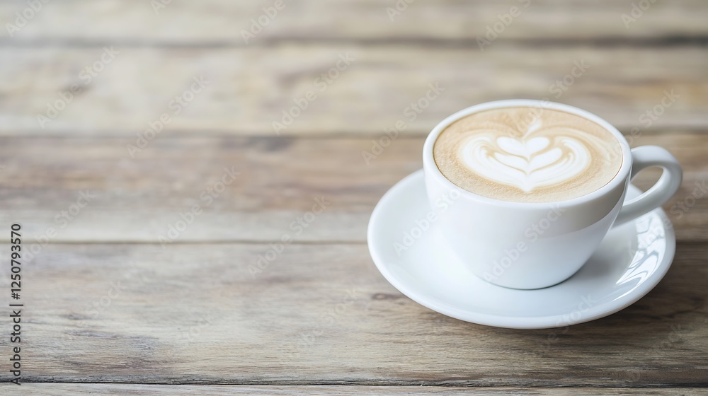 Poster artistic latte coffee with heart design in a white cup on rustic wooden table : generative ai