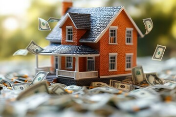 Flying money transforms a cozy house into a symbol of wealth and prosperity. Generative AI