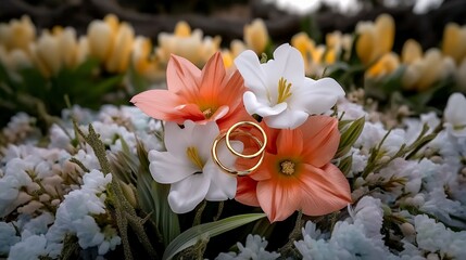 Fototapeta premium Gold Wedding Rings Among Peach and White Flowers