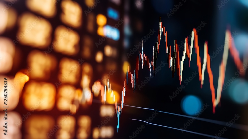 Poster Dynamic stock market display with vibrant colors illustrating a fluctuating financial graph : Generative AI
