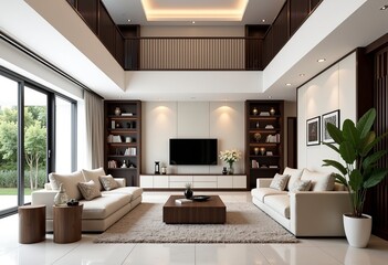 Fototapeta premium Elegant Villa Living Room: Loft-Style Design with a Sloping Ceiling, Front View Facing the TV Wall, Modern French Aesthetics, and Subtle Chinese Touches.