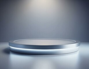 Silver Pedestal of platform display with neon modern stand podium on white room background. Blank Exhibition stage backdrop or empty product shelf. 3D rendering.