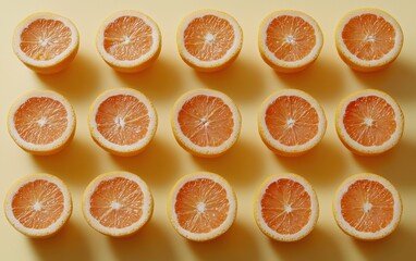 Sliced citrus fruits including oranges and lemons placed symmetrically on a pastel yellow background
