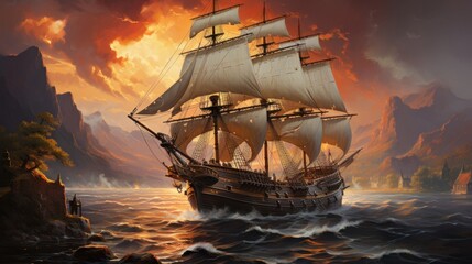Sunset Sail: A Majestic Galleon Navigates Coastal Waters