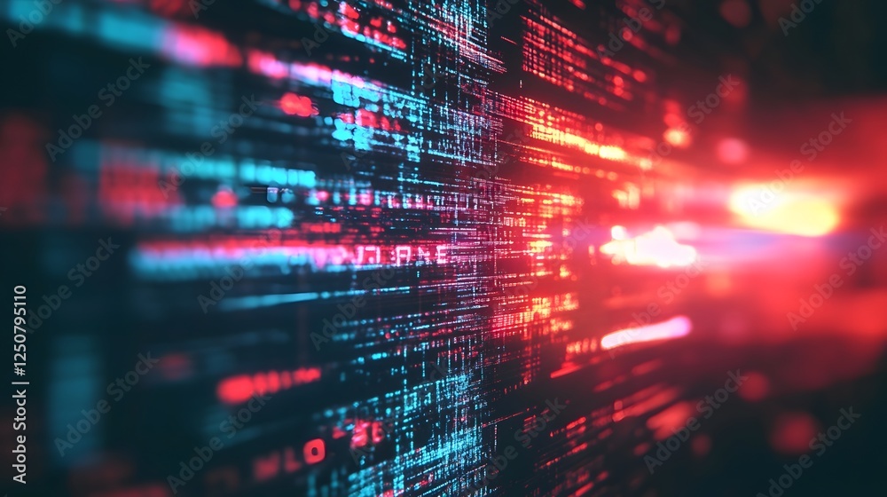 Aufkleber Vibrant digital data matrix with glowing futuristic network backdrop  Abstract technology and intelligence concept with complex code information and network visualization