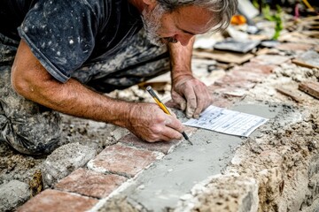 Contractor calculates material costs while laying bricks at a construction site. Generative AI