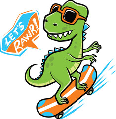 Cute Dinosaur Ride Skateboard Hand Drawn Vector Illustration Designs for tshirt design