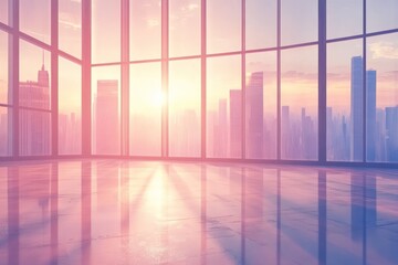 Serene Sunset View from Modern Office Space Overlooking City Skyline