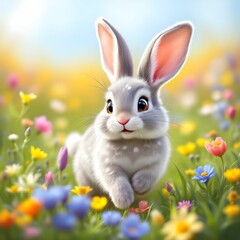 "Cute Rabbit in a Flower Field"