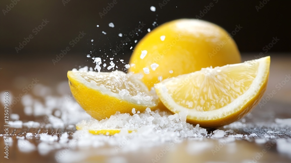 Poster fresh juicy lemons bursting with juice surrounded by coarse sea salt on a rustic table : generative 