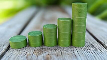 Green cylinders rising graph on wooden surface. Illustration for growth