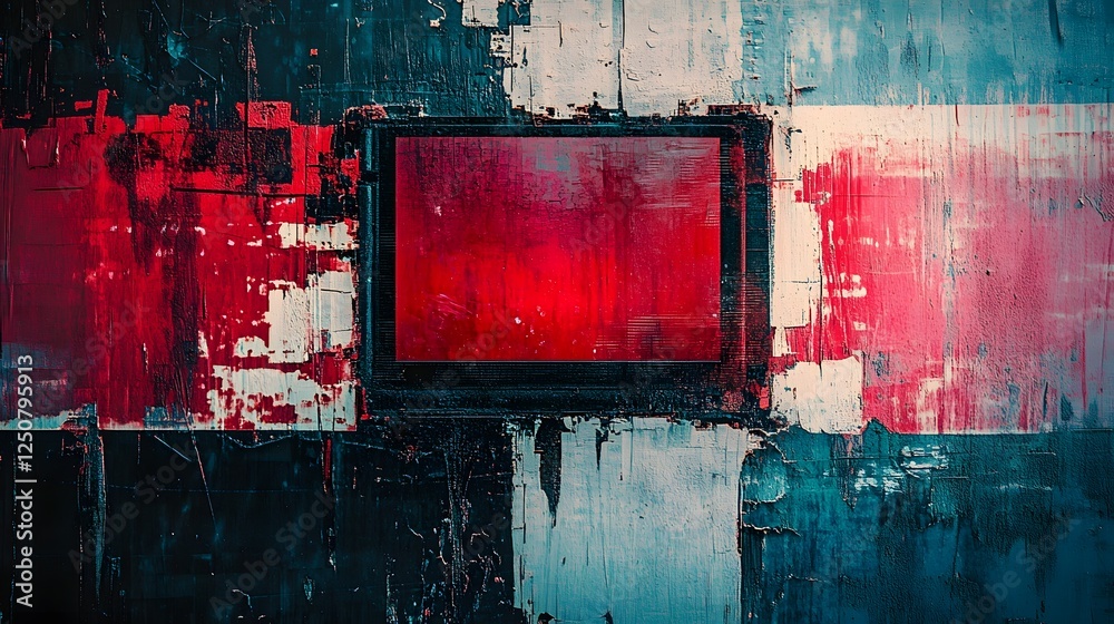 Poster vibrant digital glitch art with contrasting red and blue geometric patterns abstract contemporary di