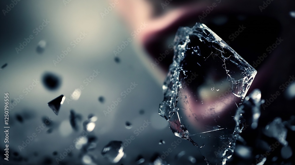 Poster Dynamic Scene of Shattered Glass with an Eerie Focus on a Hidden Expression : Generative AI