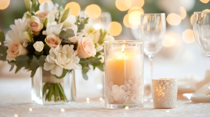 Fototapeta premium Beautiful Table Setup with Floral Arrangements and Candle Lights for Special Occasion : Generative AI