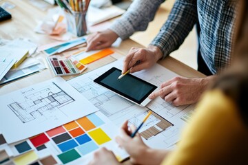 Couple collaborates on home renovation budget and design plans over a table. Generative AI