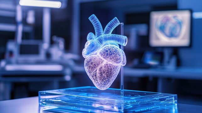 Futuristic 3D Heart Model in Medical Lab Environment Display