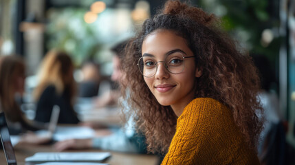 Smiling young mixed-race woman with curly hair wearing glasses sitting in a cozy cafe enjoying coffee, casual lifestyle, social interaction