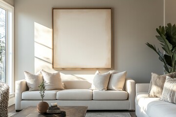 Fototapeta premium Soft sofa, basket with plaid and cushion, frames on wall 