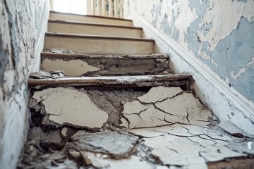 Obraz premium Inspection reveals cracked foundation and wear on household staircase. Generative AI
