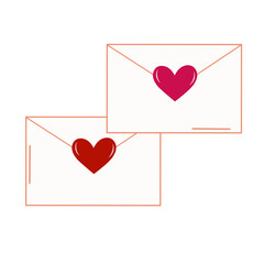 Love letters illustration. White envelope with red and pink heart stamps for Valentine's Day.