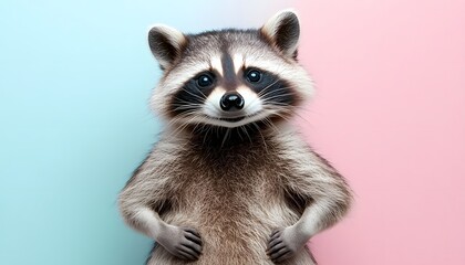 Fototapeta premium A Happy Raccoon Poses Against A Pastel Background