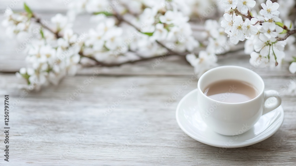 Poster Elegant cup of tea with delicate flowers on a wooden table creating a serene and calming atmosphere : Generative AI