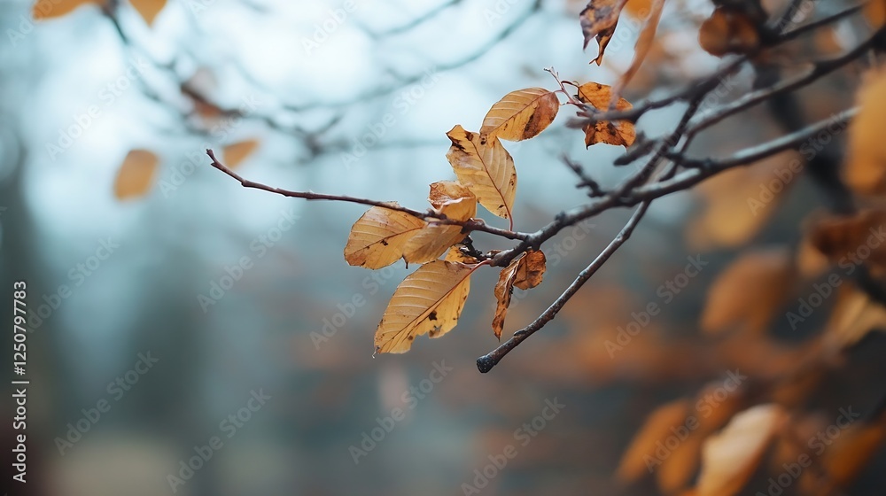 Leinwandbilder Delicate closeup of autumn leaves on bare branches with soft bokeh background creating a dreamy atmosphere : Generative AI