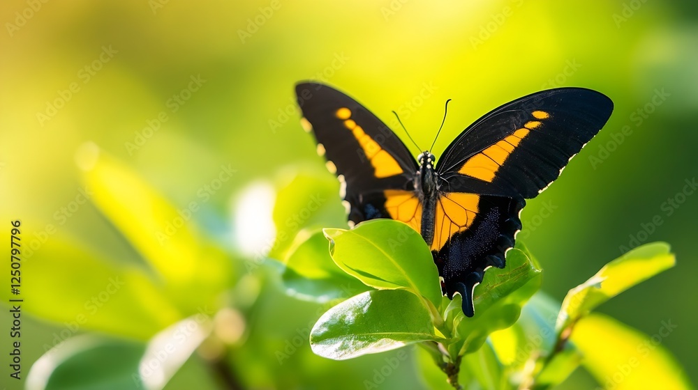 Poster colorful butterfly perched on green leaves illuminated by soft sunlight creating a magical atmospher