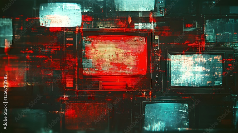 Aufkleber Vibrant Futuristic Digital Art with Glitched Distortion Patterns and Colorful Technological Imagery  Abstract surreal and experimental visual design with digital elements circuits